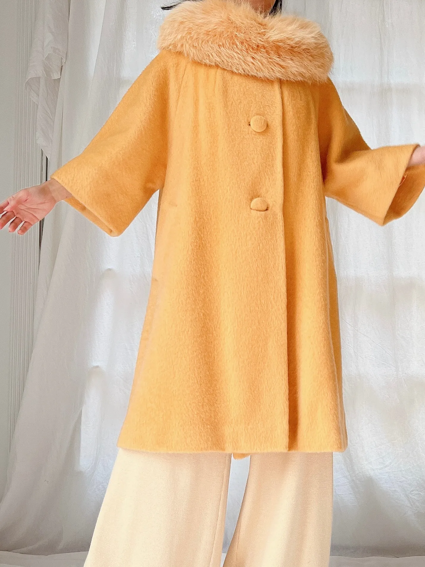 1960s Rare Marigold Wool Fox Fur Collar Coat - M