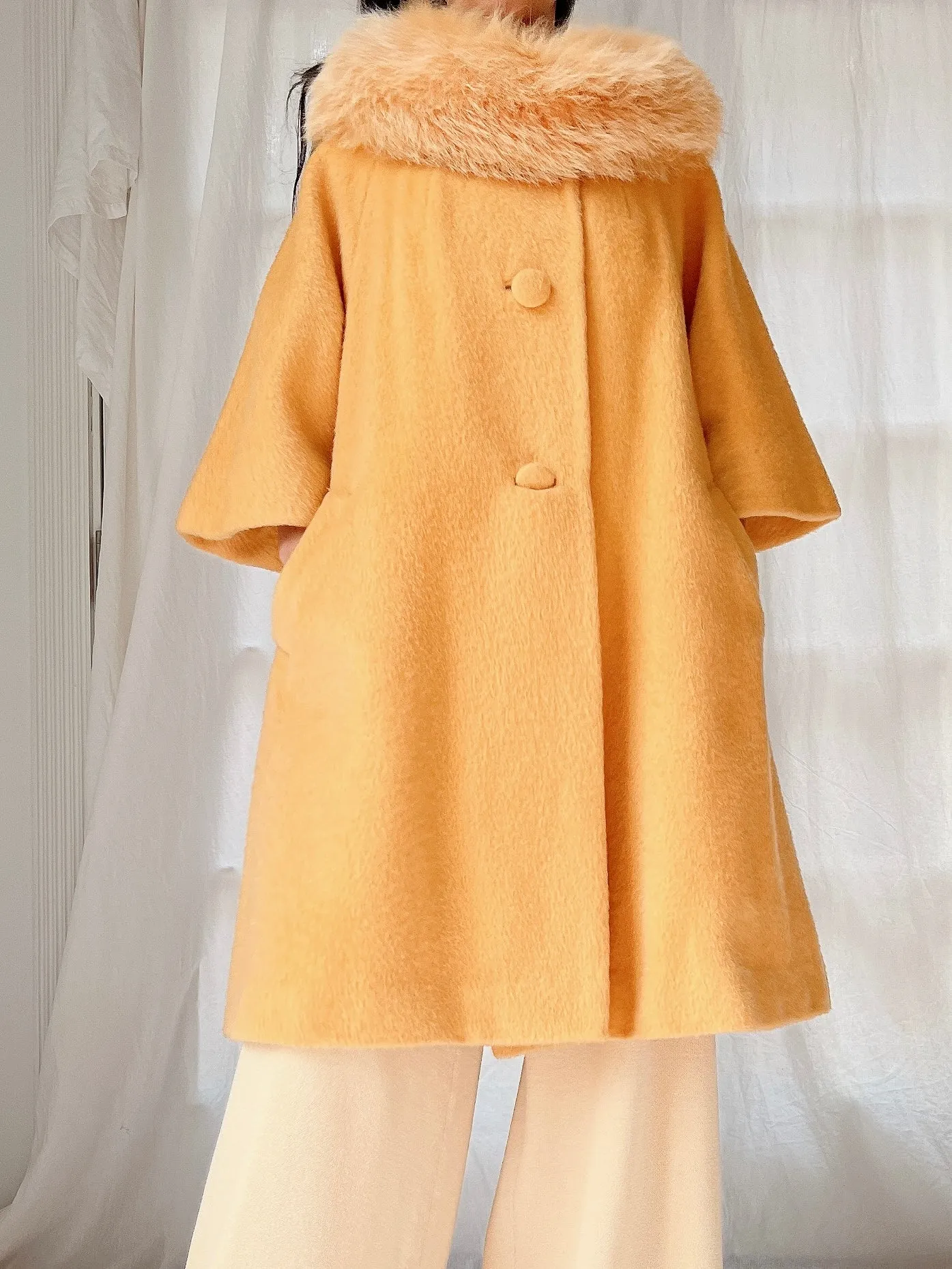 1960s Rare Marigold Wool Fox Fur Collar Coat - M