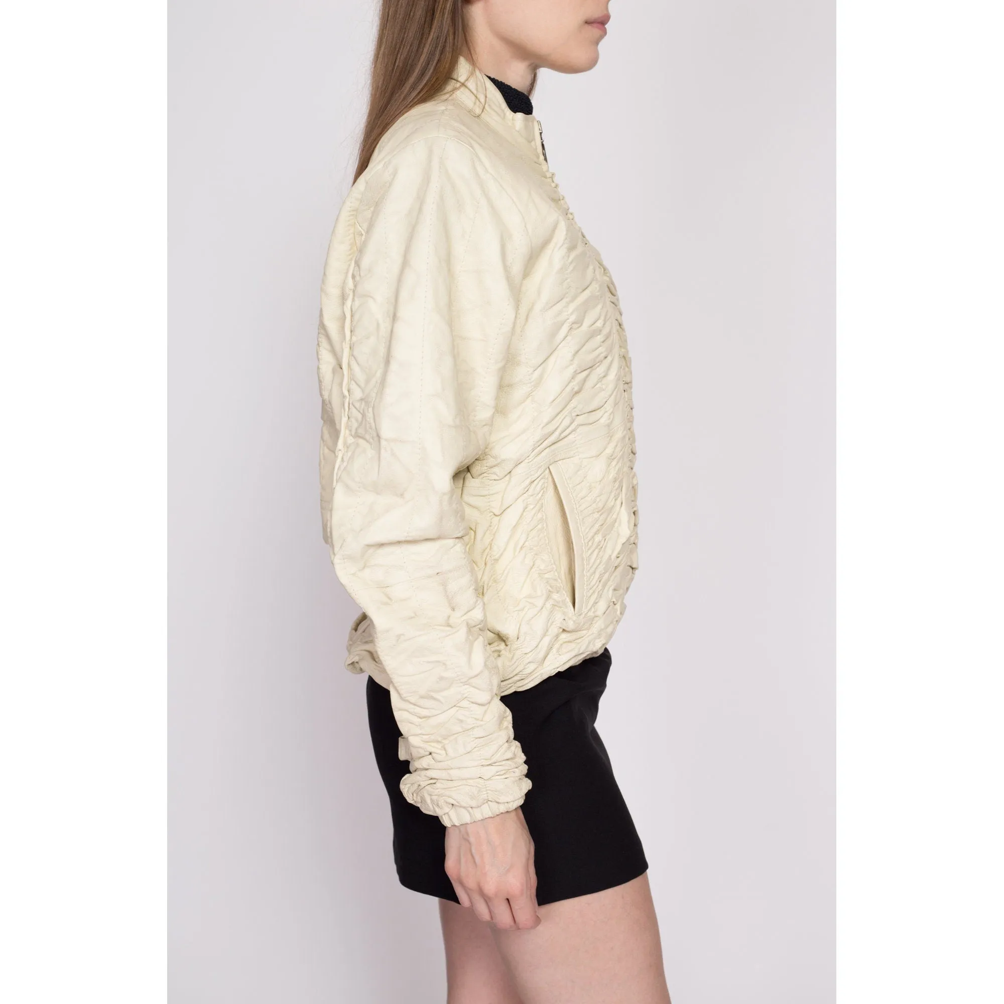 90s Ruched Cream Leather Jacket - Large