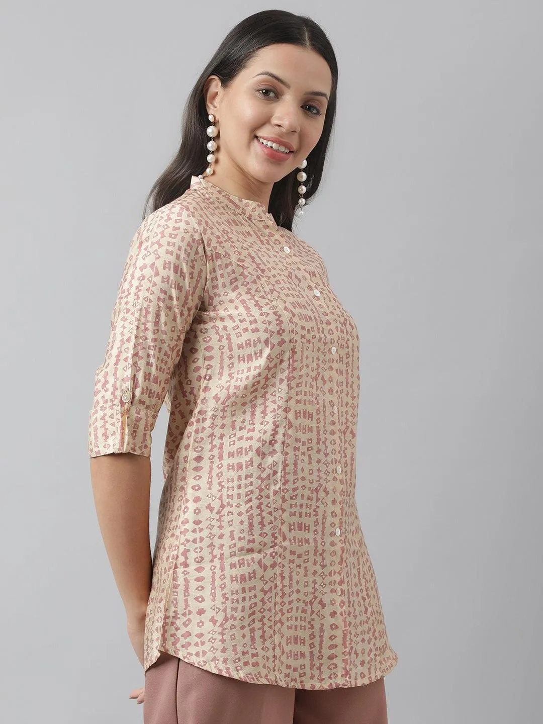 Beige Floral Printed Muslin A-Line Shirt Style Top