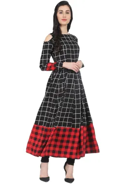 Black & Red Check 3/4Th Sleeve Crepe Anarkali Kurta
