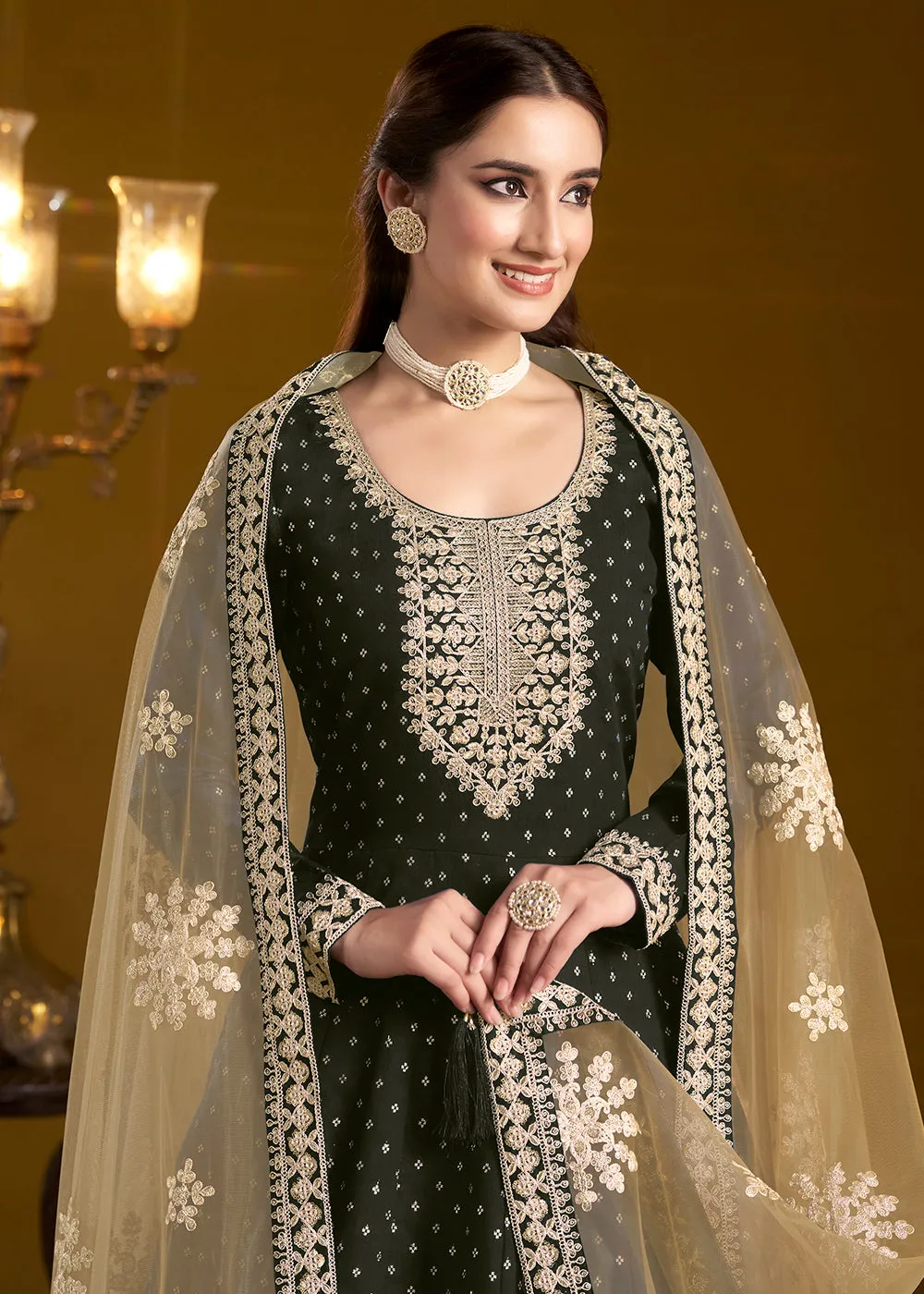 Black Chanderi Butti Embroidered Festive Anarkali Suit