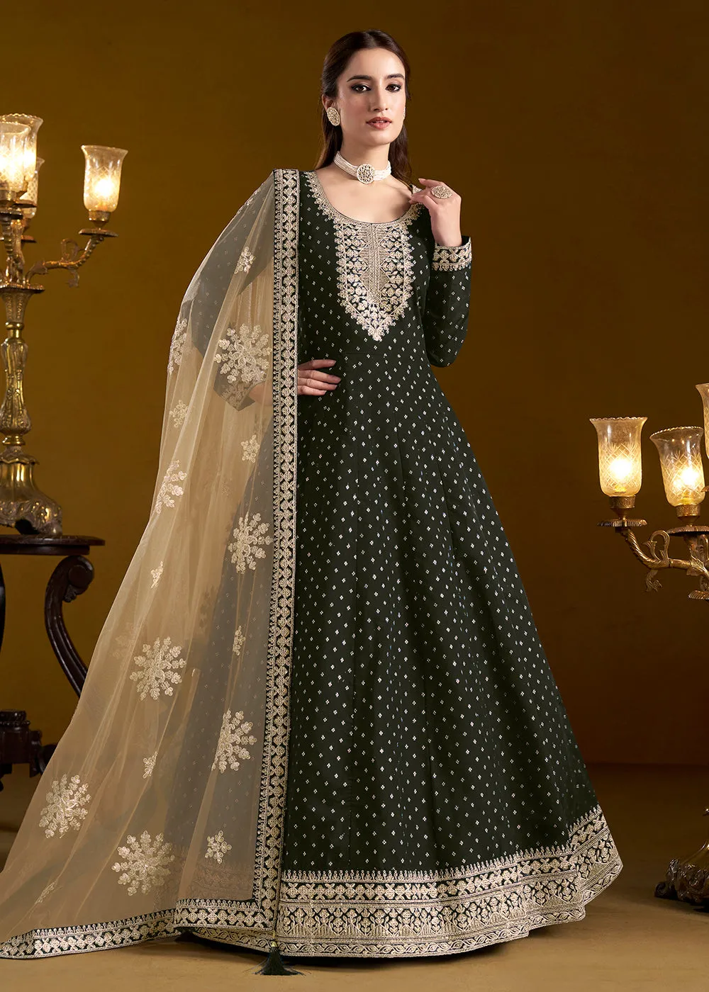 Black Chanderi Butti Embroidered Festive Anarkali Suit