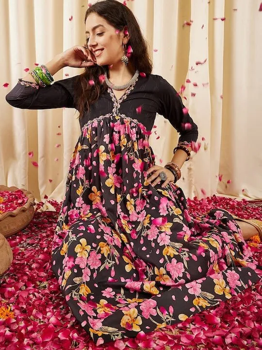Black, Pink & Yellow Floral Printed V-Neck Gathered Detailed Pure Cotton Empire Midi Ethnic Dress