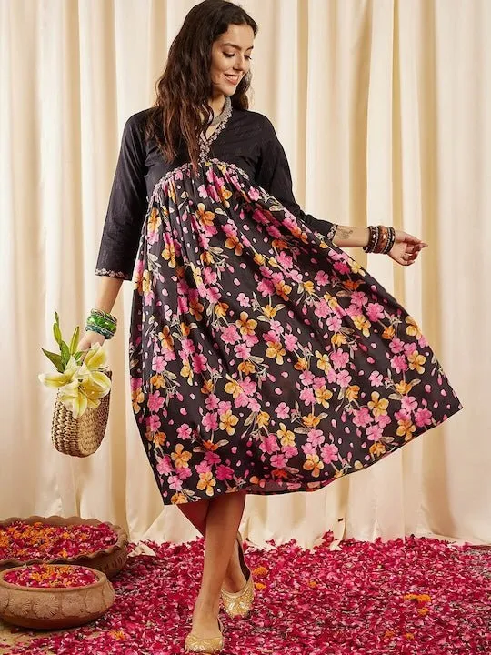 Black, Pink & Yellow Floral Printed V-Neck Gathered Detailed Pure Cotton Empire Midi Ethnic Dress