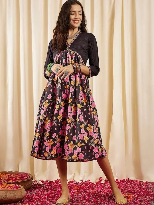 Black, Pink & Yellow Floral Printed V-Neck Gathered Detailed Pure Cotton Empire Midi Ethnic Dress
