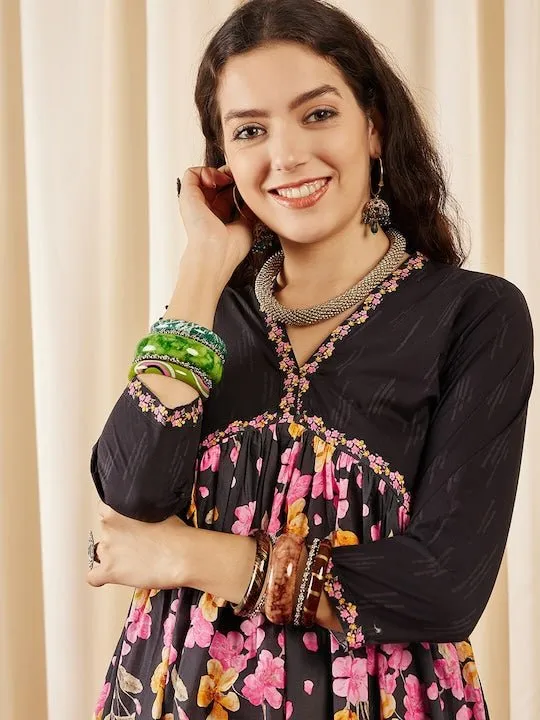 Black, Pink & Yellow Floral Printed V-Neck Gathered Detailed Pure Cotton Empire Midi Ethnic Dress