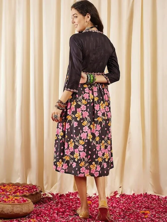 Black, Pink & Yellow Floral Printed V-Neck Gathered Detailed Pure Cotton Empire Midi Ethnic Dress