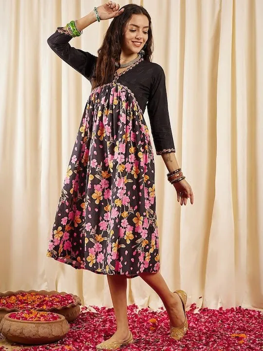 Black, Pink & Yellow Floral Printed V-Neck Gathered Detailed Pure Cotton Empire Midi Ethnic Dress
