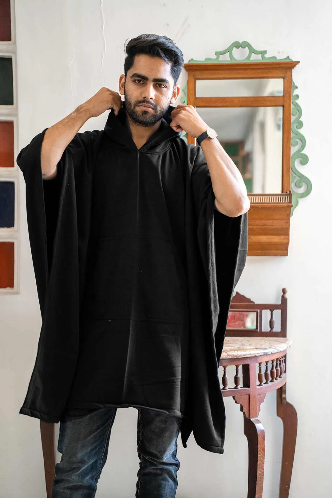 Black Poncho Hoodie - Solid (Male)