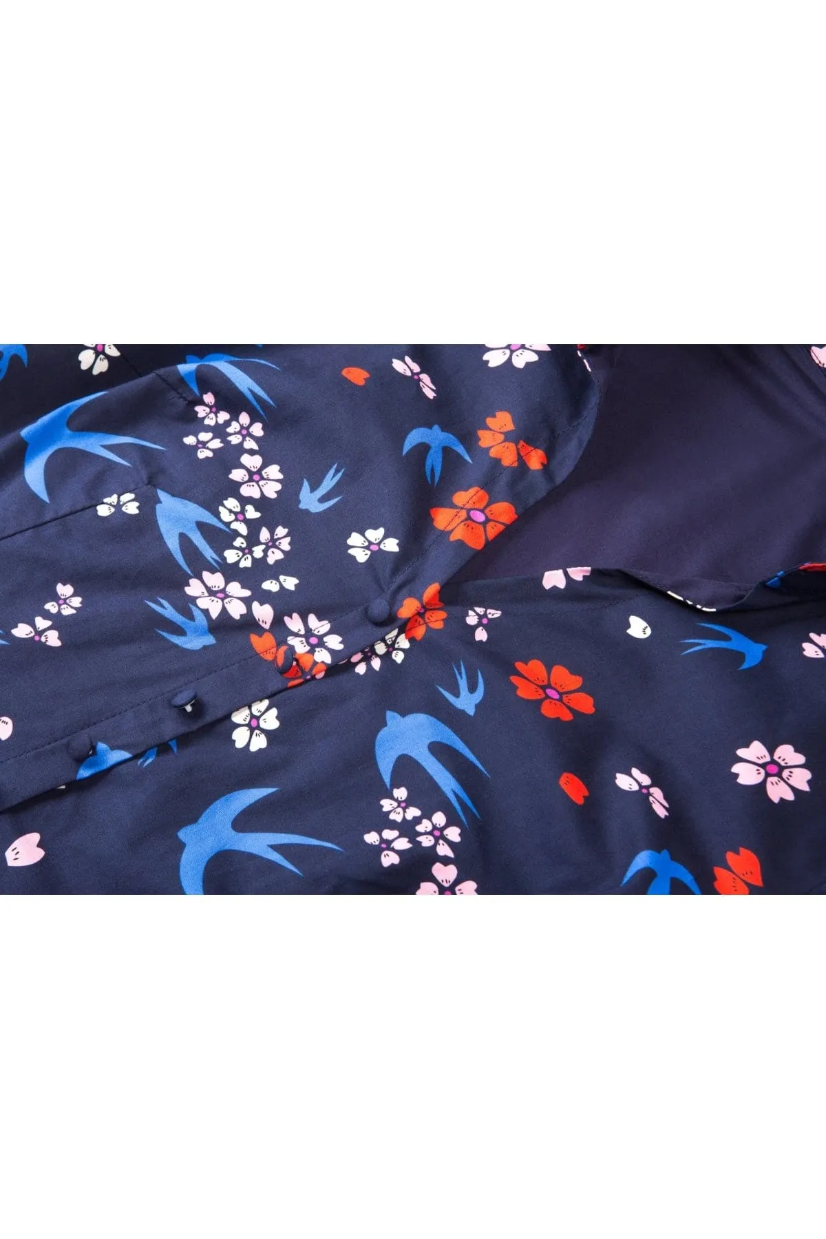 Blue Bird Floral Collared Cotton Vintage Dress with 3/4 Sleeves and Pockets