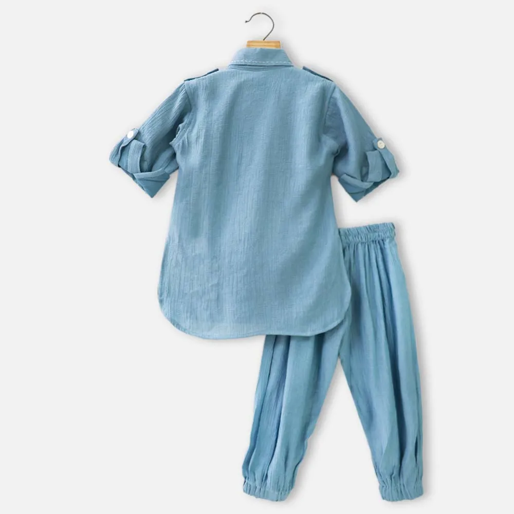 Blue Pathani Kurta With White Pajama