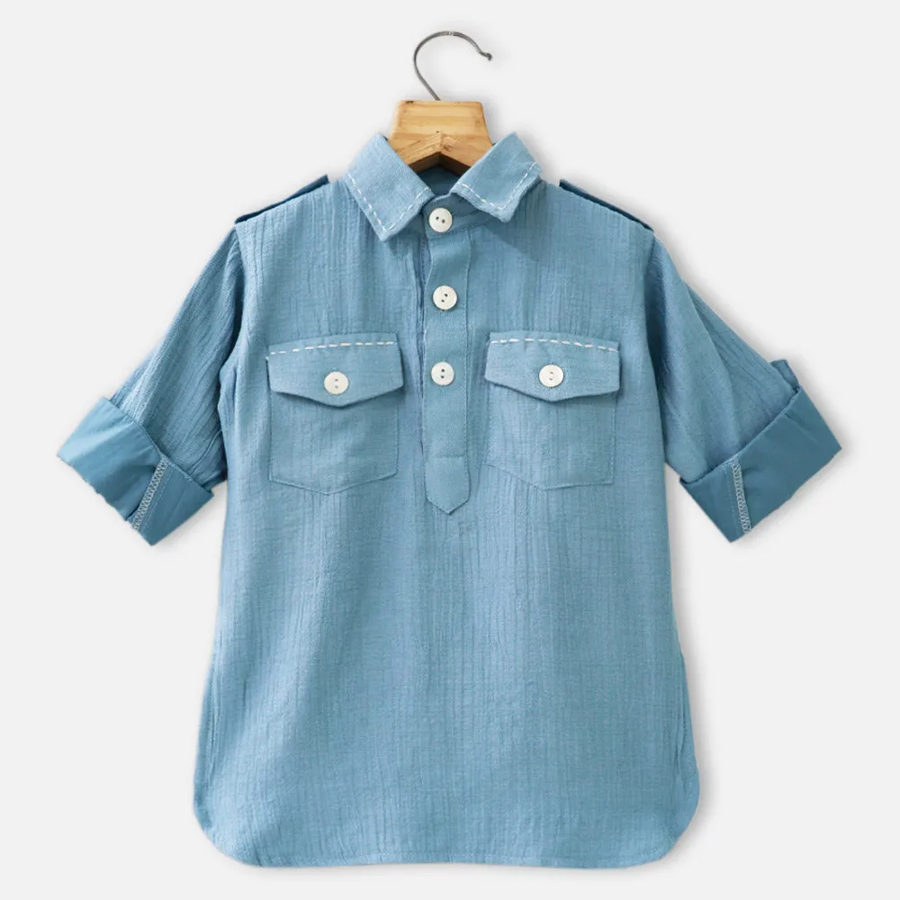 Blue Pathani Kurta With White Pajama