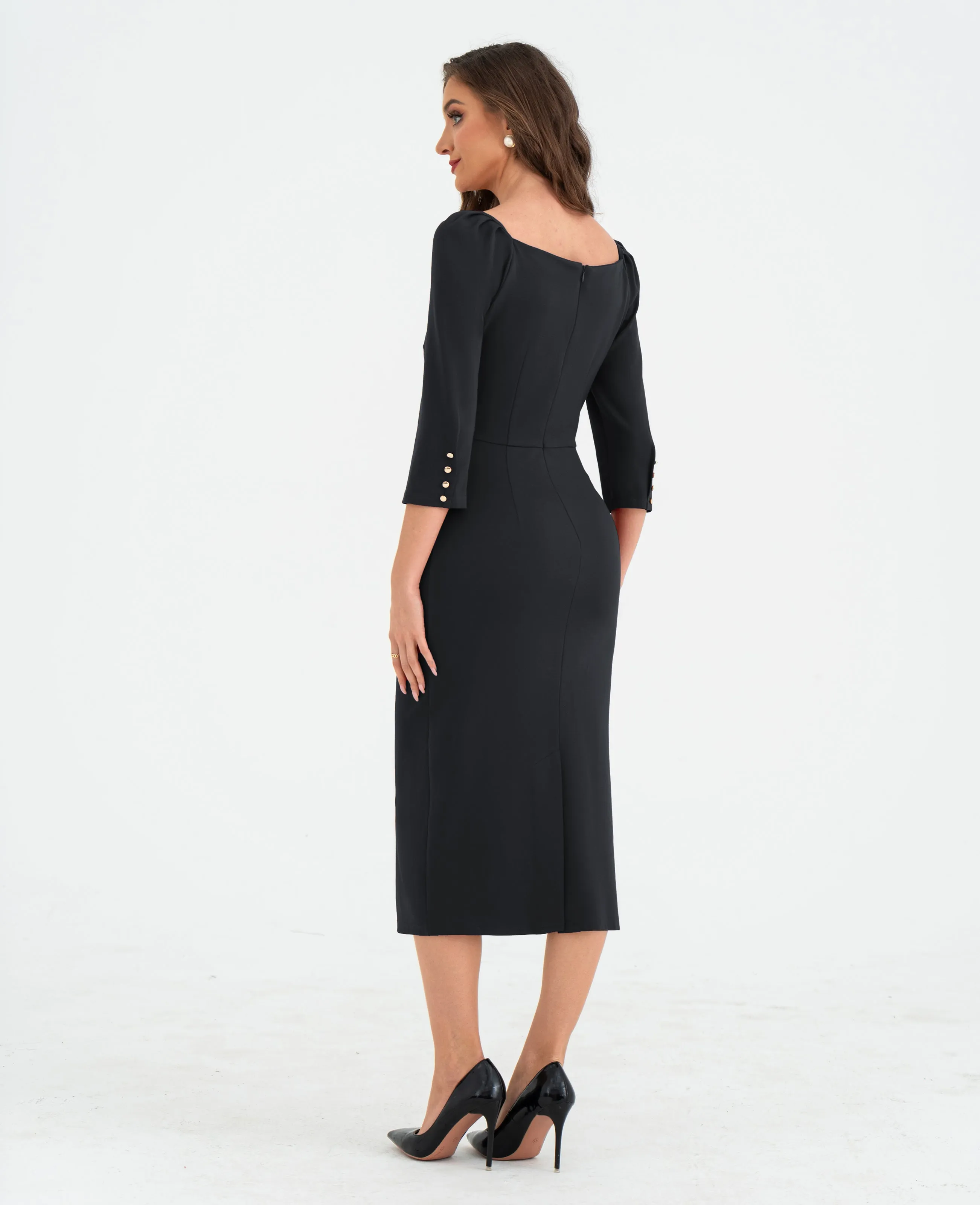 BP Women Vintage Ruched Dress 3/4 Sleeve Back Slit Mid-Calf Bodycon Dress