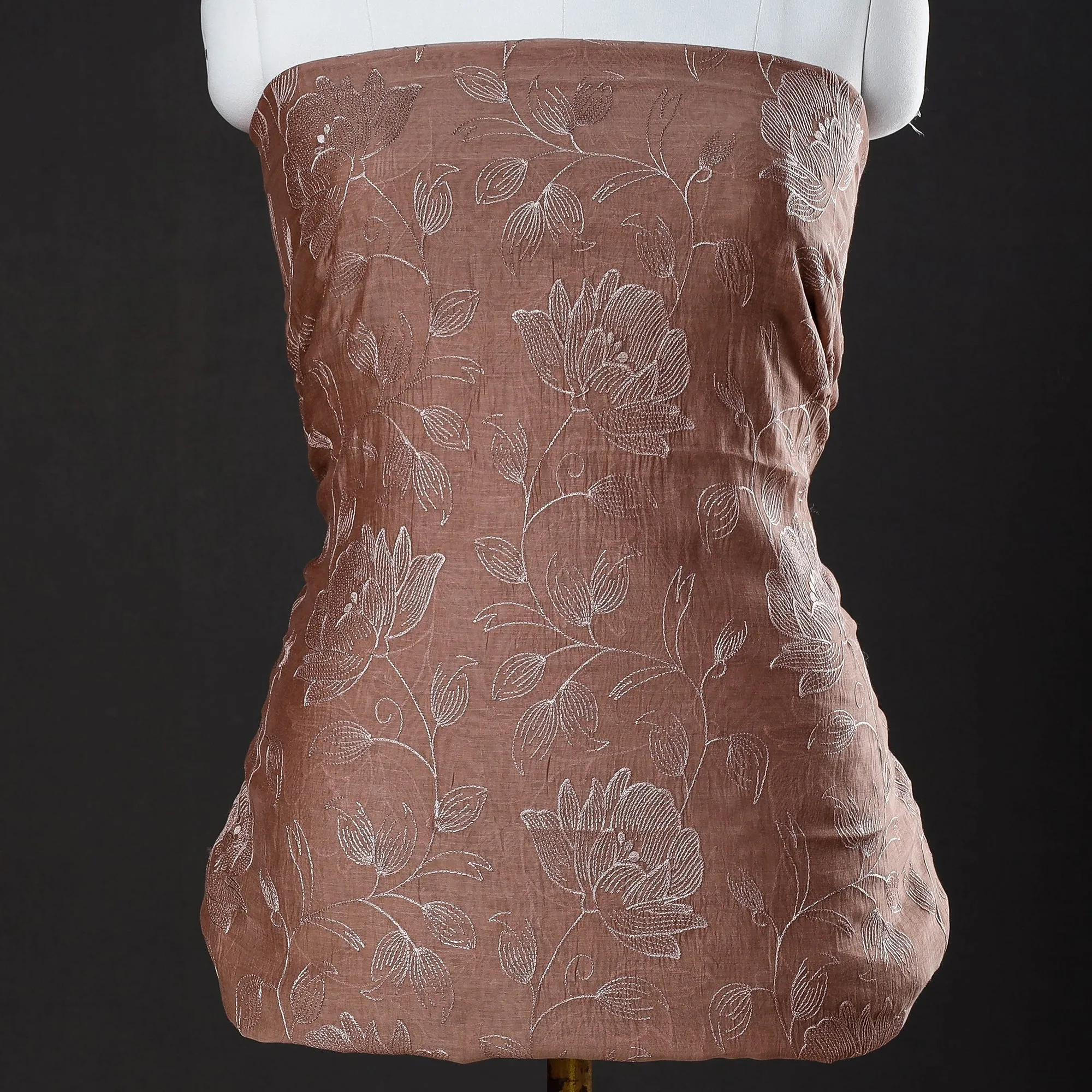 Brown - 3pc Handloom Chanderi Silk Cotton Embroidered Suit Material Set with Digital Printed Dupatta