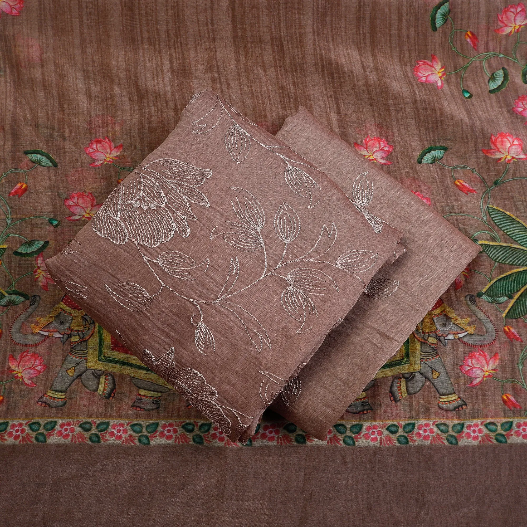 Brown - 3pc Handloom Chanderi Silk Cotton Embroidered Suit Material Set with Digital Printed Dupatta