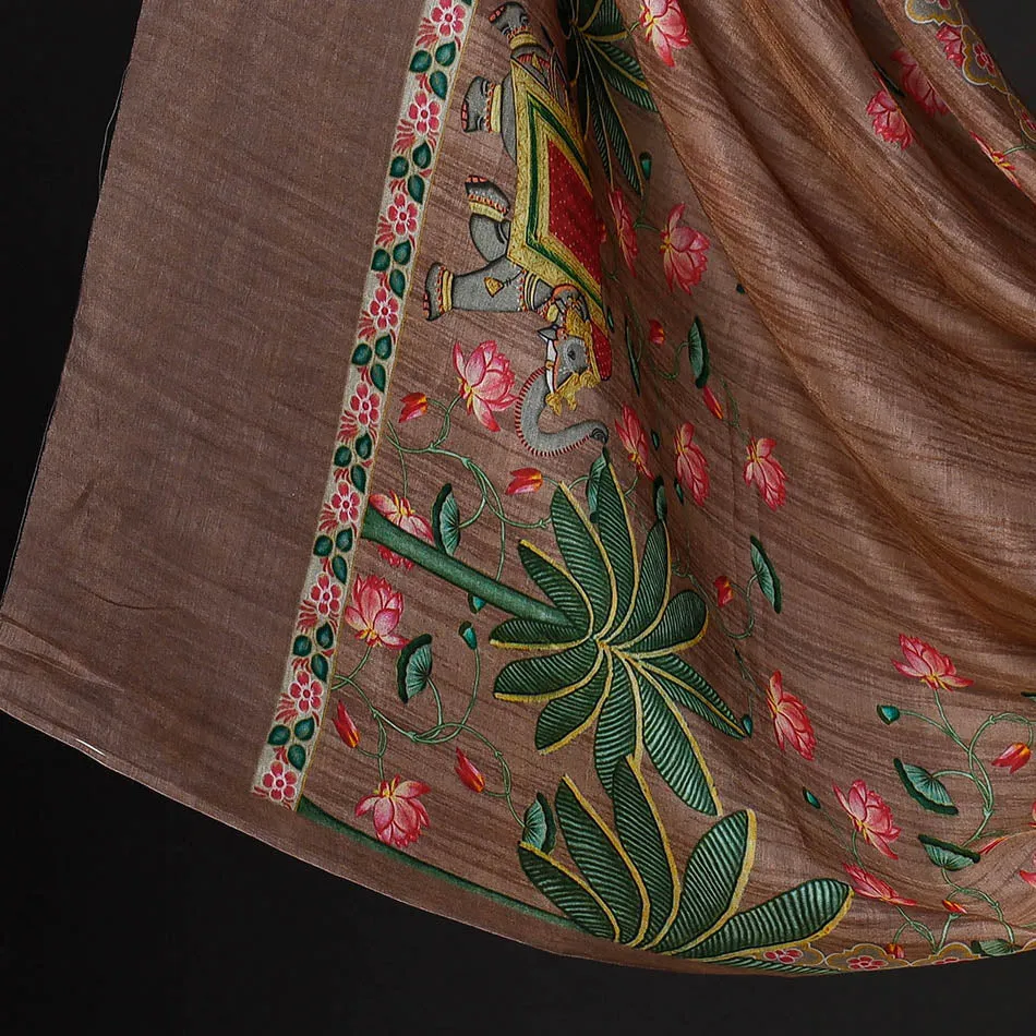 Brown - 3pc Handloom Chanderi Silk Cotton Embroidered Suit Material Set with Digital Printed Dupatta