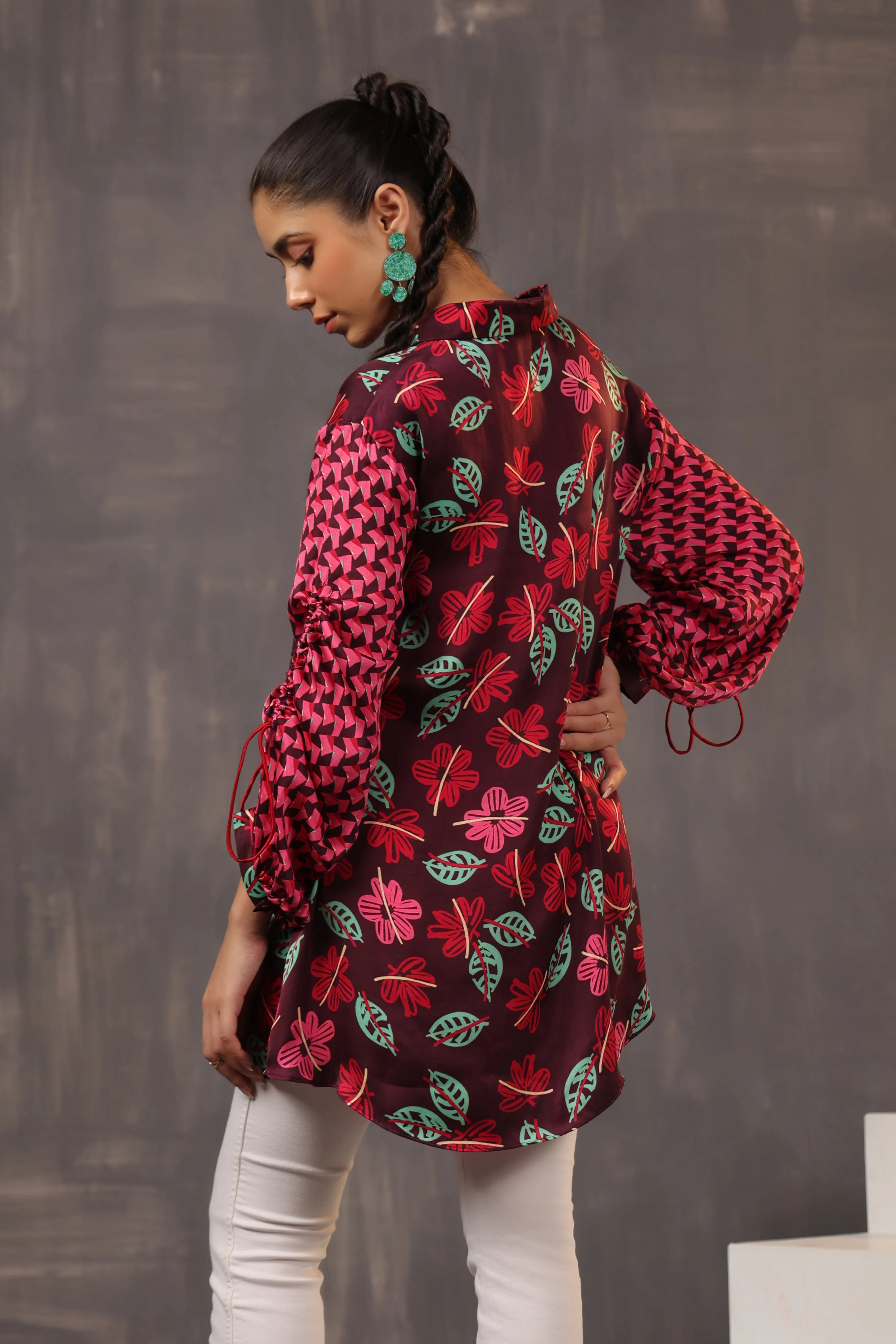Burgundy Ethnic Printed Crepe Silk Shirt