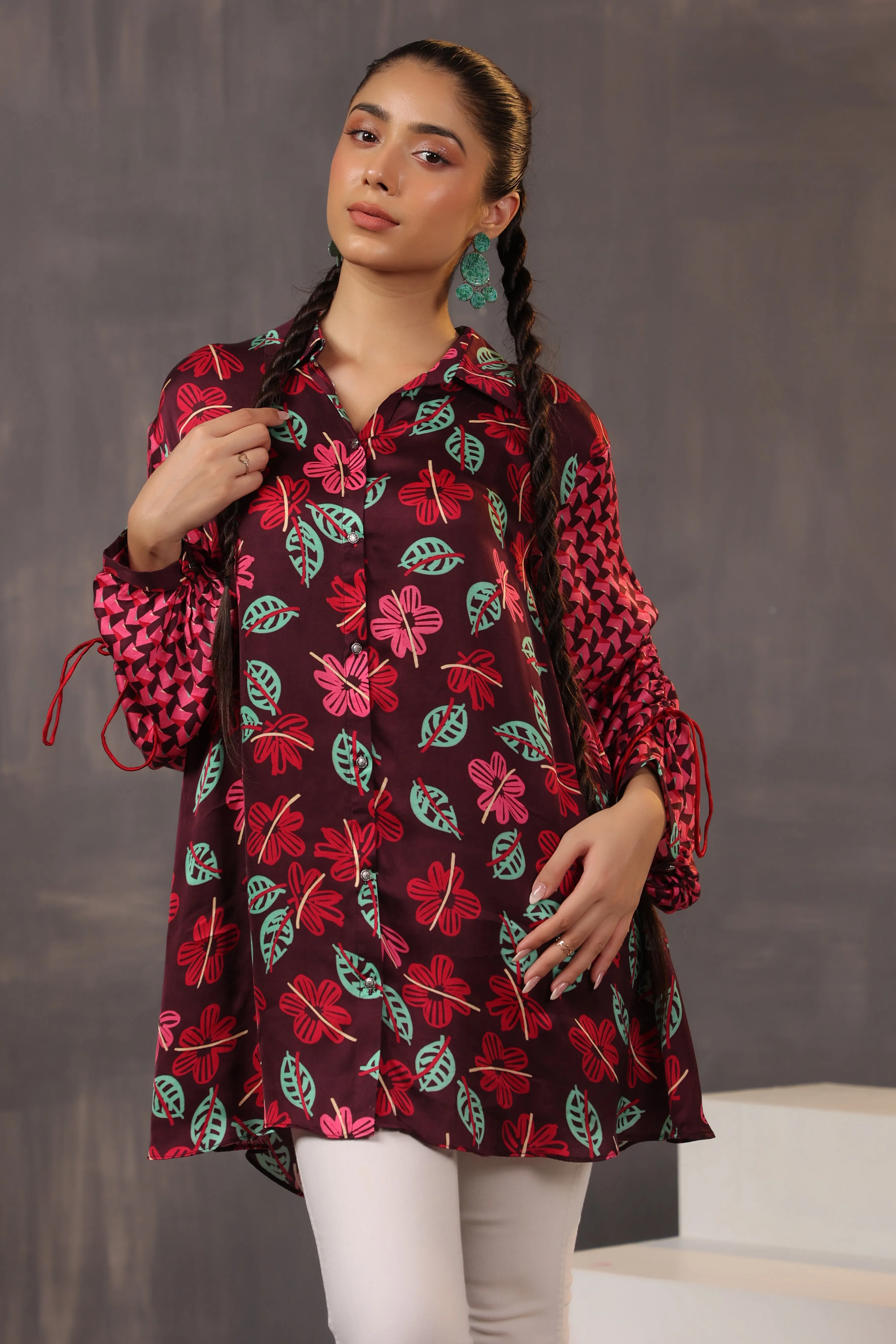Burgundy Ethnic Printed Crepe Silk Shirt