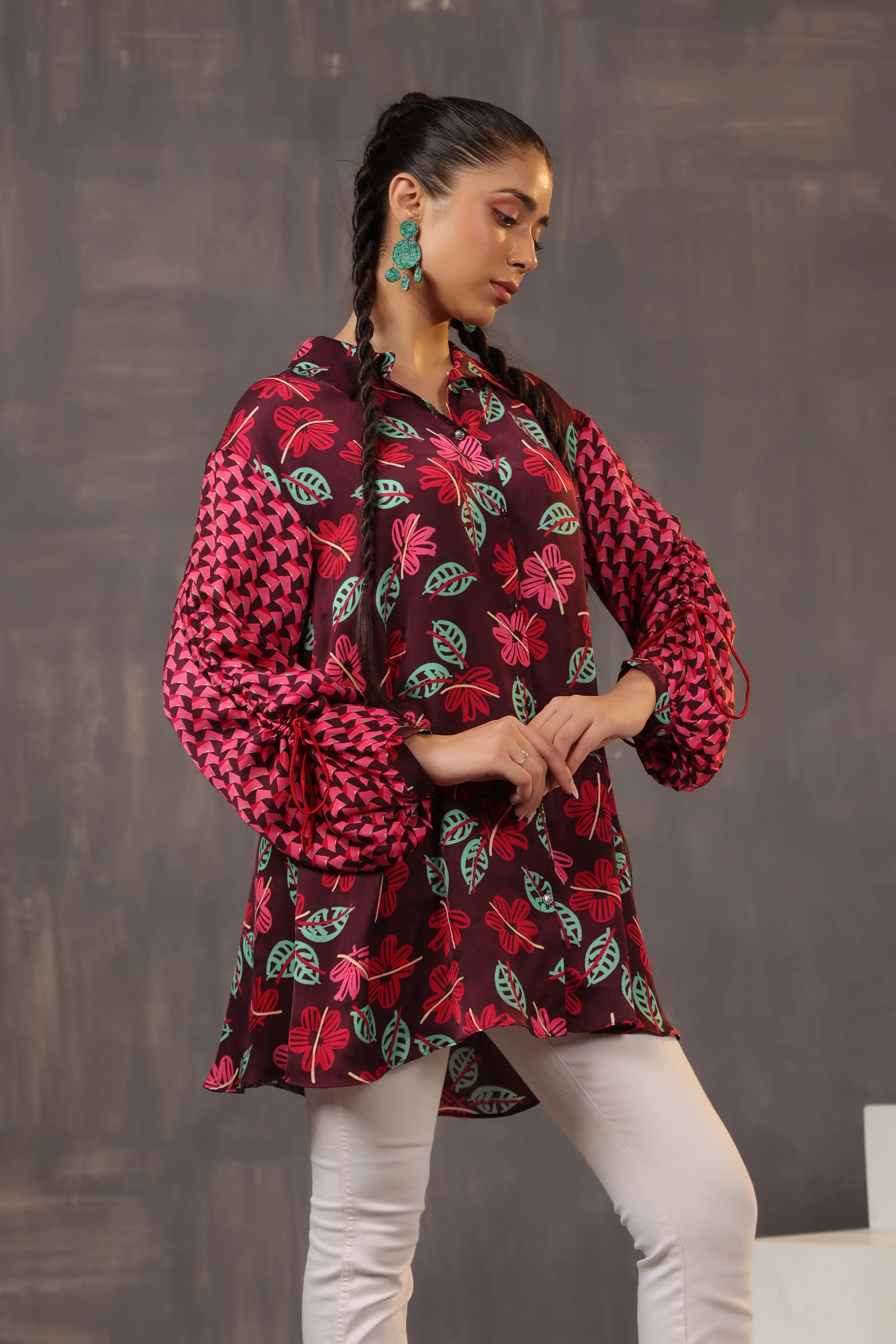 Burgundy Ethnic Printed Crepe Silk Shirt
