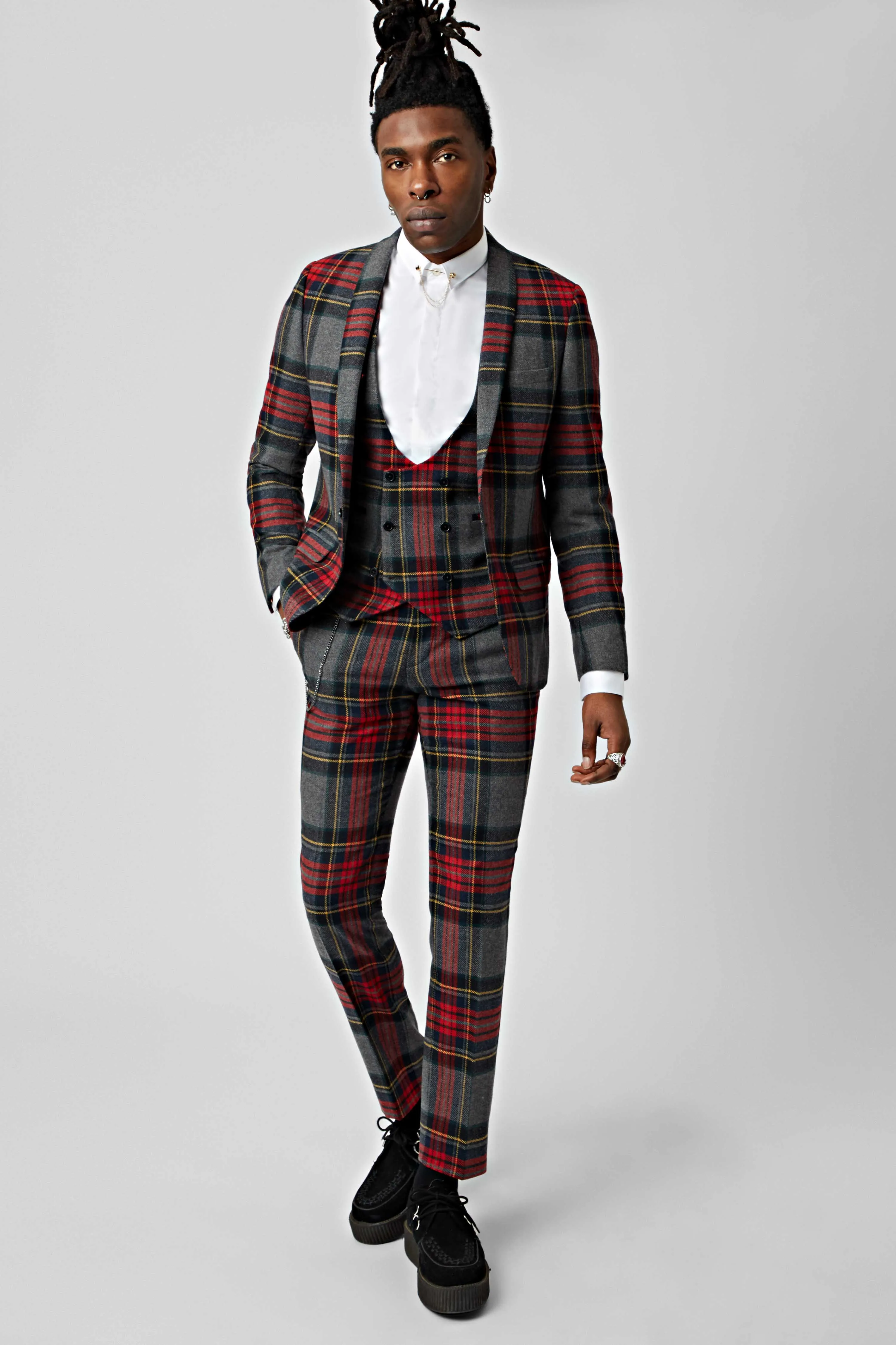 Cardosi Skinny Fit Red Tartan Wool Waistcoat
