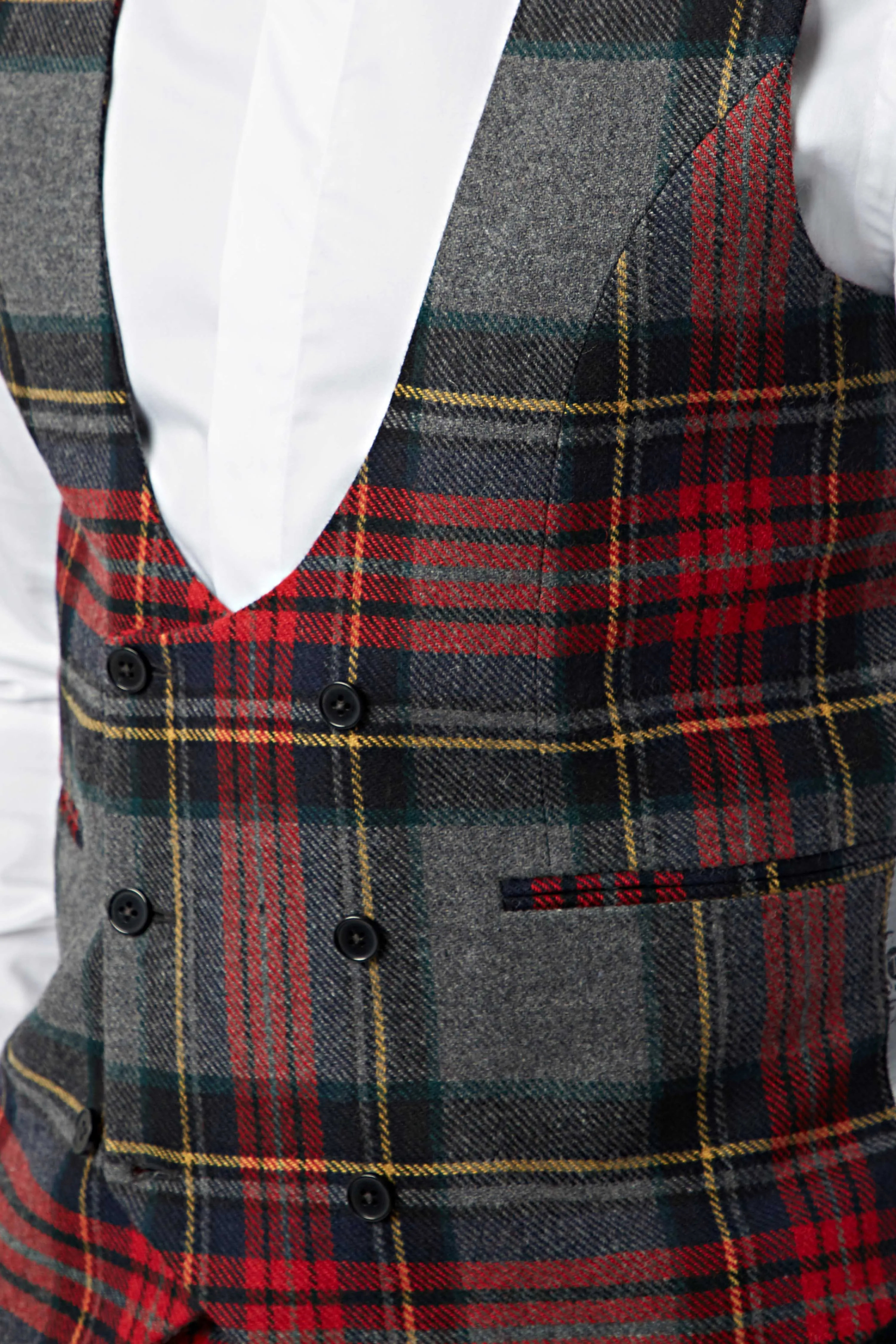 Cardosi Skinny Fit Red Tartan Wool Waistcoat