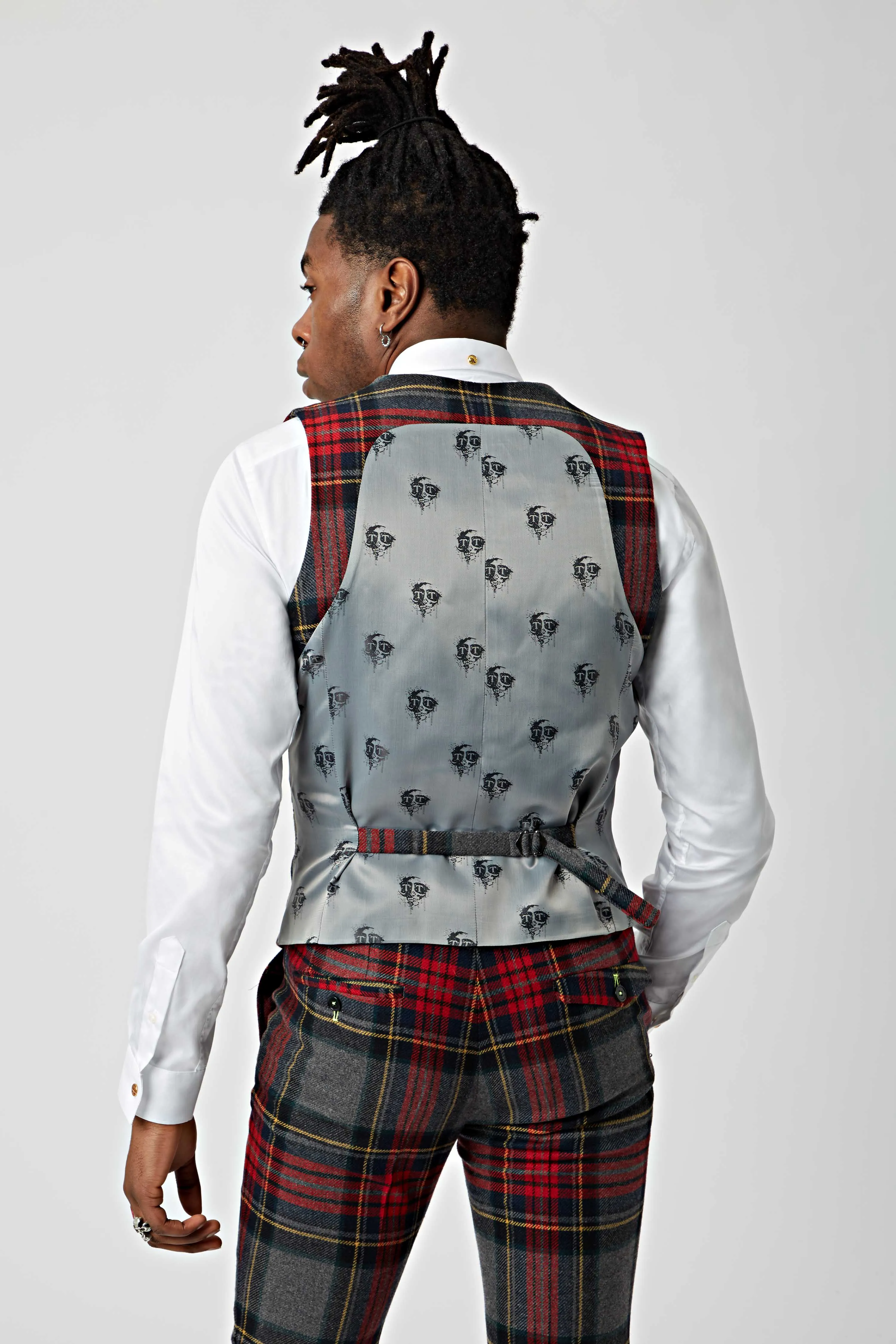Cardosi Skinny Fit Red Tartan Wool Waistcoat