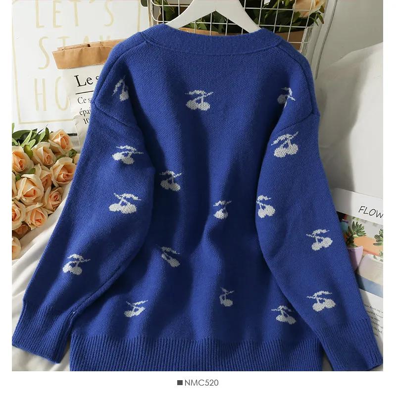 Cherry print medium length low neck sweater for women  2041