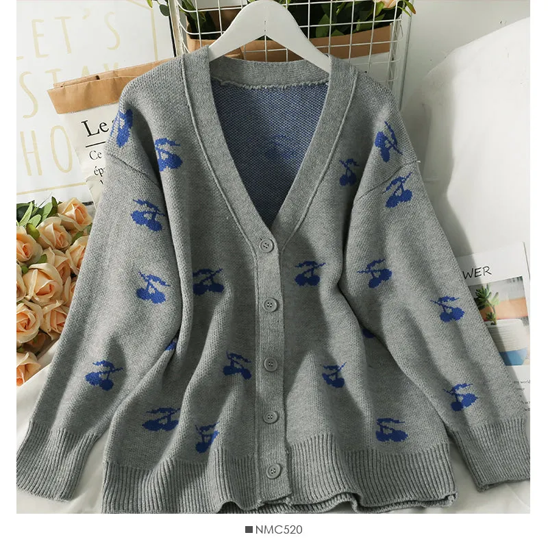 Cherry print medium length low neck sweater for women  2041