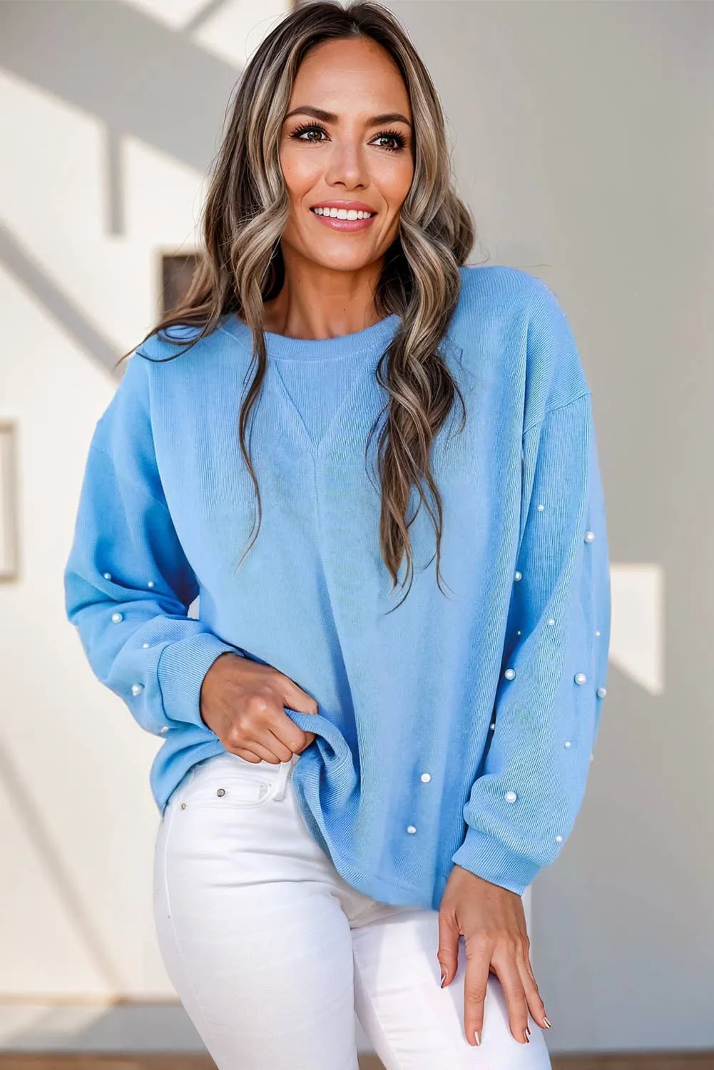 Chic Pearl Deco Drop Shoulder Sweatshirt