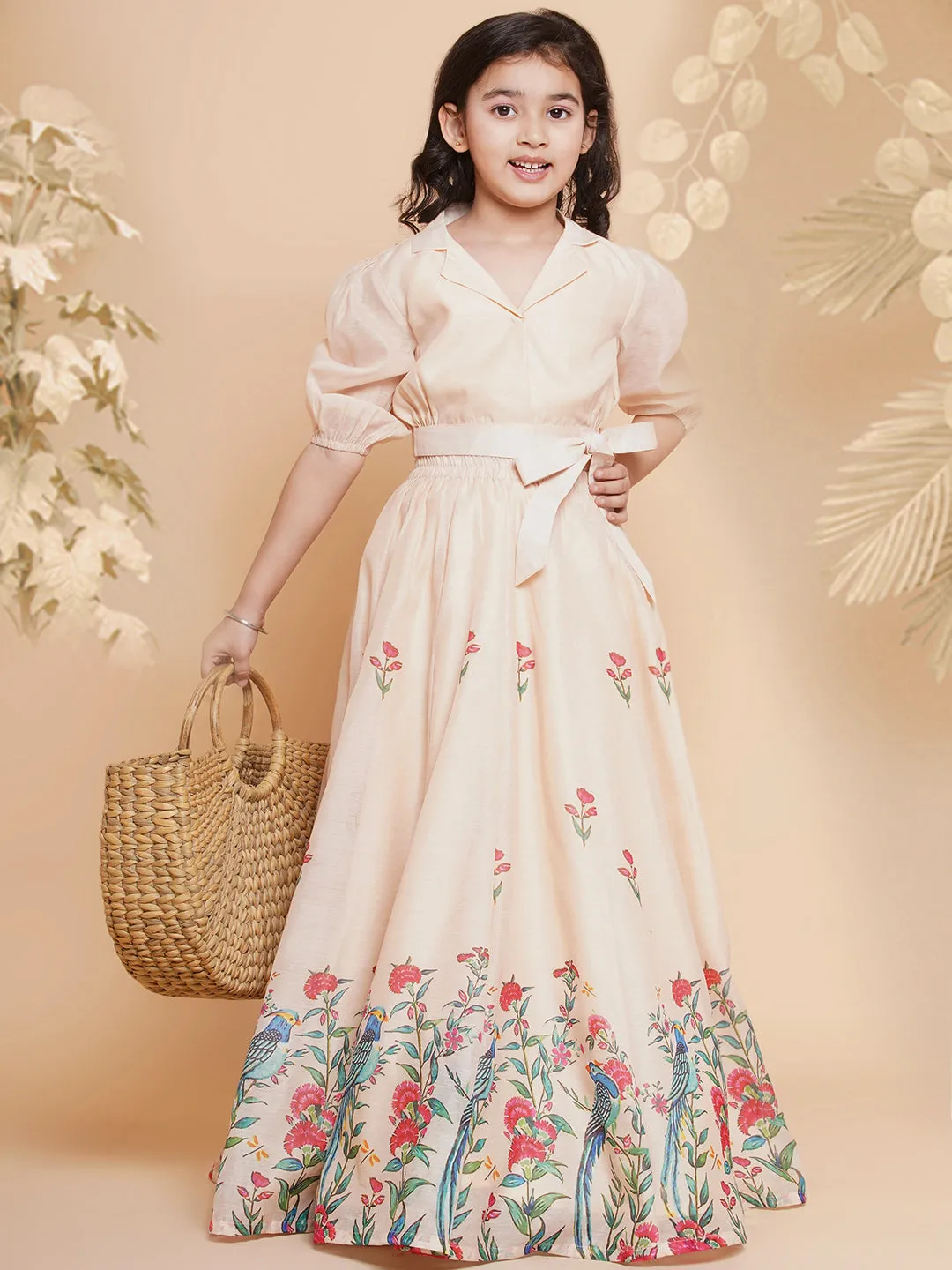 Cream Anarakali Digital Printed Kurta with Skirt Set For Women & Lehenga Crop Top Set For Girls