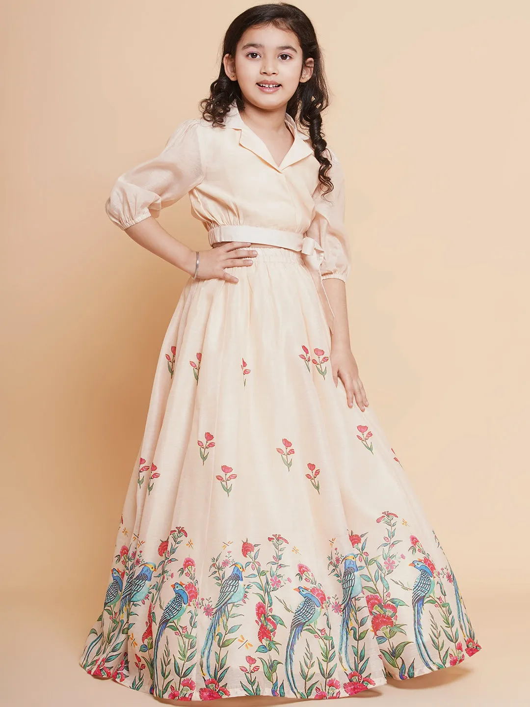 Cream Anarakali Digital Printed Kurta with Skirt Set For Women & Lehenga Crop Top Set For Girls