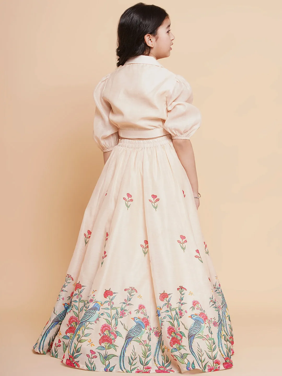 Cream Anarakali Digital Printed Kurta with Skirt Set For Women & Lehenga Crop Top Set For Girls