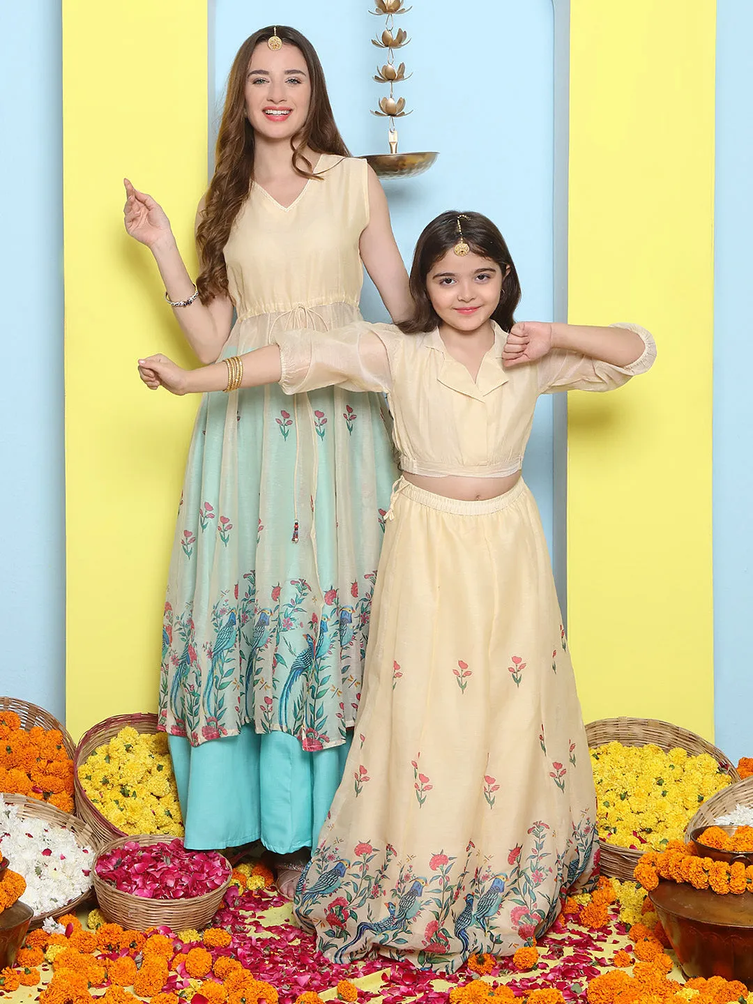 Cream Anarakali Digital Printed Kurta with Skirt Set For Women & Lehenga Crop Top Set For Girls