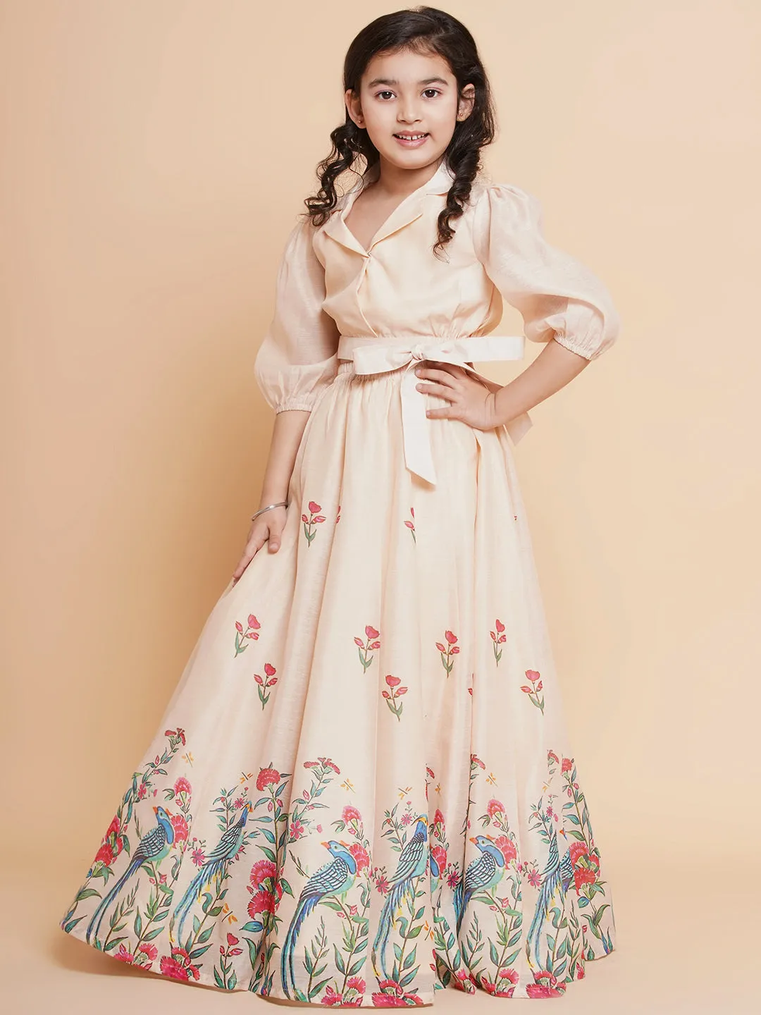 Cream Anarakali Digital Printed Kurta with Skirt Set For Women & Lehenga Crop Top Set For Girls