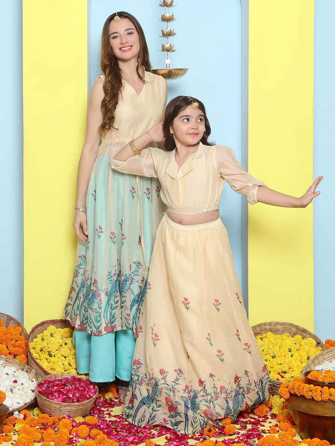 Cream Anarakali Digital Printed Kurta with Skirt Set For Women & Lehenga Crop Top Set For Girls