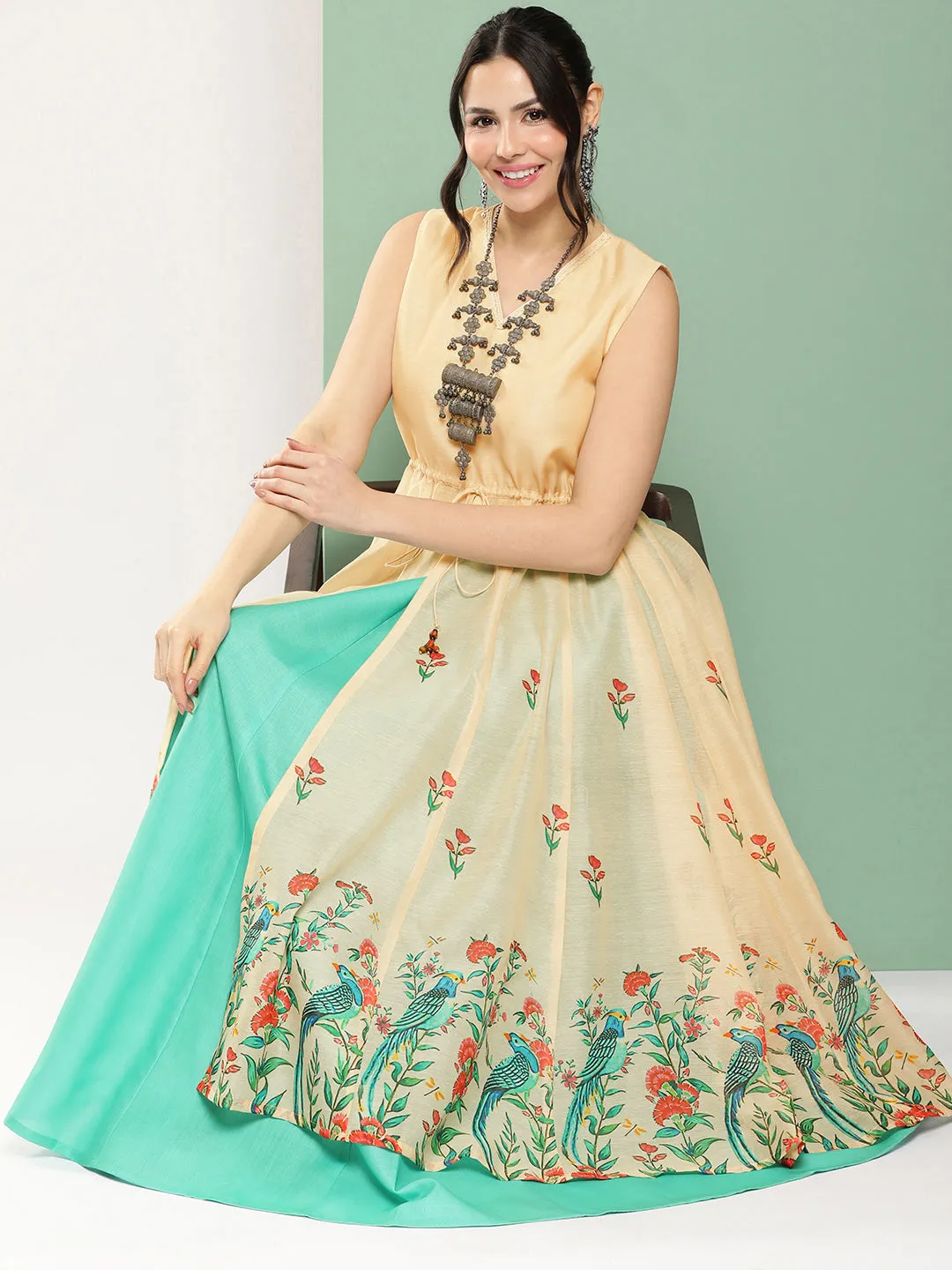Cream Anarakali Digital Printed Kurta with Skirt Set For Women & Lehenga Crop Top Set For Girls