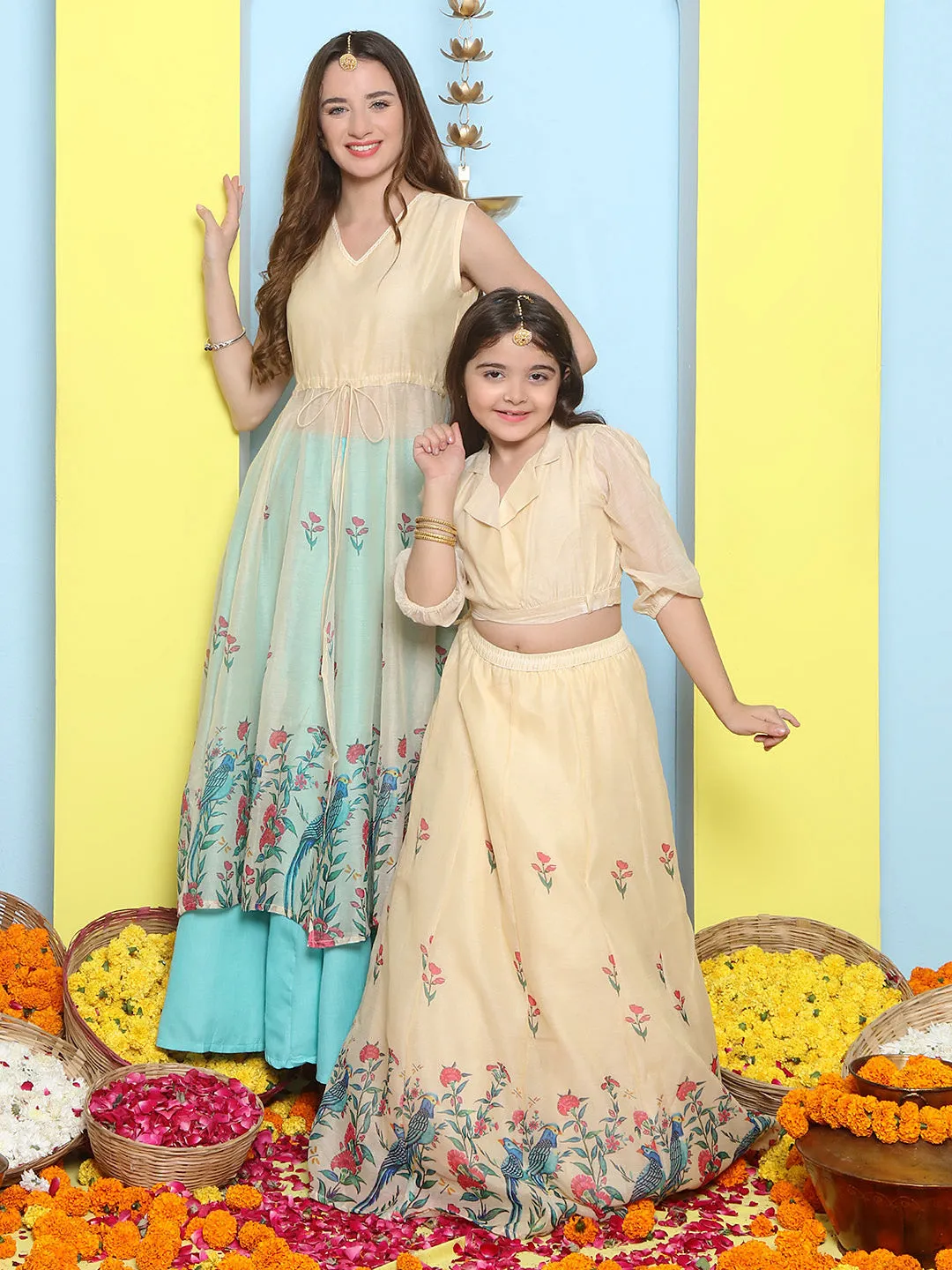 Cream Anarakali Digital Printed Kurta with Skirt Set For Women & Lehenga Crop Top Set For Girls