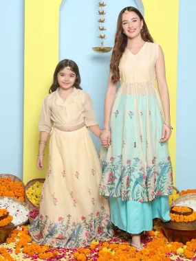 Cream Anarakali Digital Printed Kurta with Skirt Set For Women & Lehenga Crop Top Set For Girls