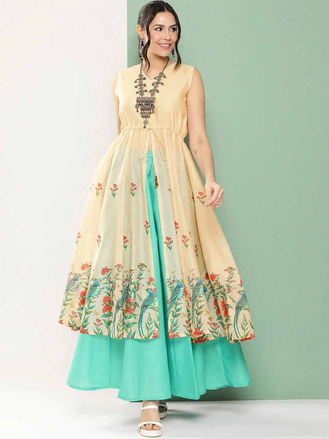 Cream Anarakali Digital Printed Kurta with Skirt Set For Women & Lehenga Crop Top Set For Girls