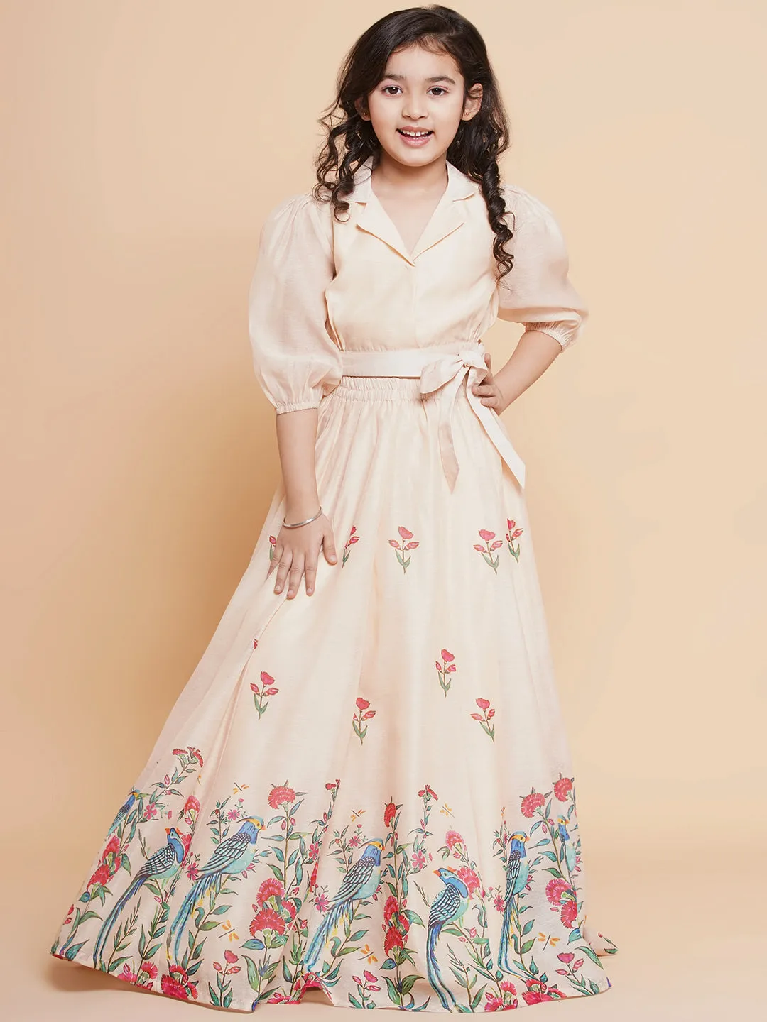 Cream Anarakali Digital Printed Kurta with Skirt Set For Women & Lehenga Crop Top Set For Girls