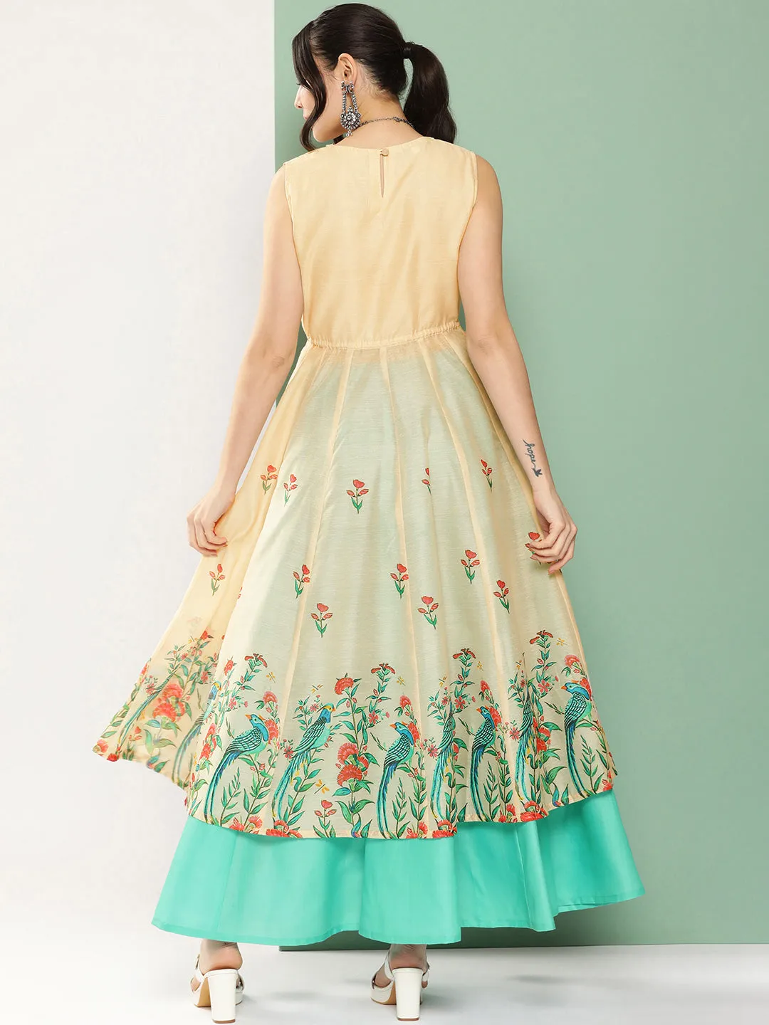 Cream Anarakali Digital Printed Kurta with Skirt Set For Women & Lehenga Crop Top Set For Girls