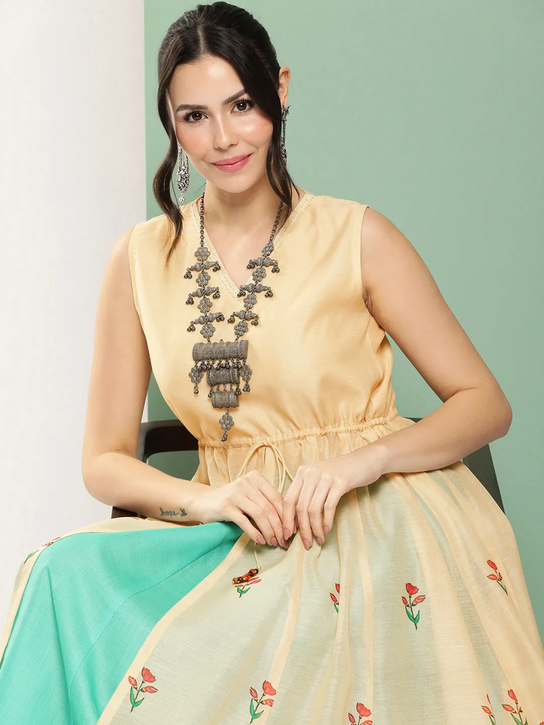 Cream Anarakali Digital Printed Kurta with Skirt Set For Women & Lehenga Crop Top Set For Girls