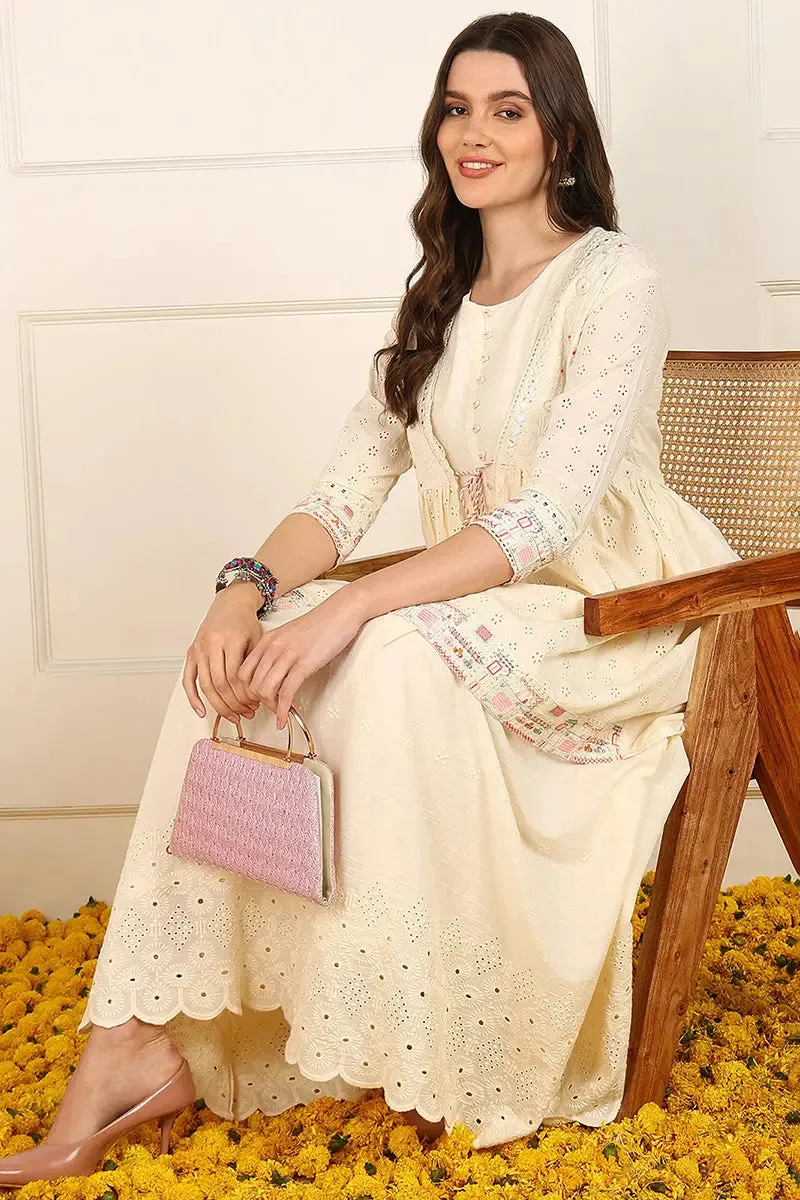 Cream Cotton Solid Empire Ethnic Style Dress With Shrug