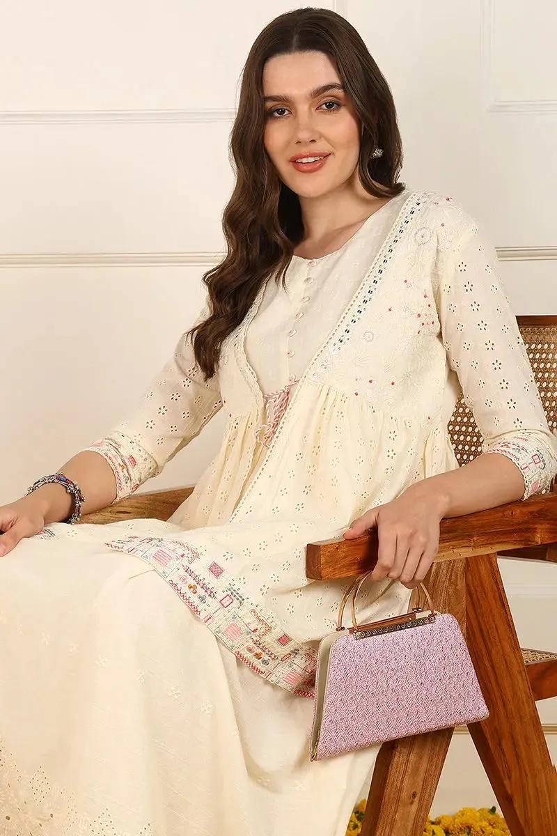 Cream Cotton Solid Empire Ethnic Style Dress With Shrug