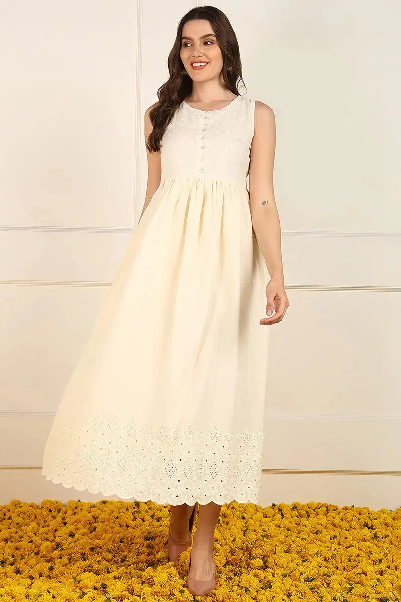 Cream Cotton Solid Empire Ethnic Style Dress With Shrug