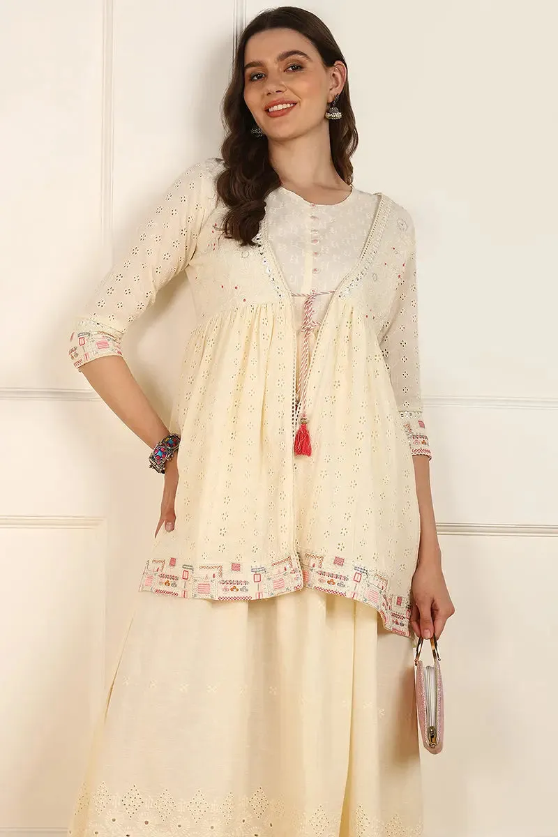 Cream Cotton Solid Empire Ethnic Style Dress With Shrug