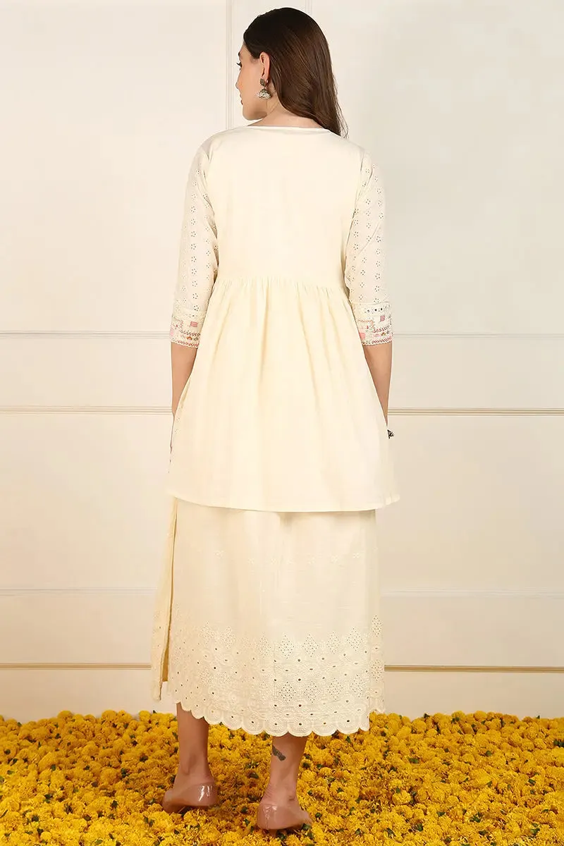 Cream Cotton Solid Empire Ethnic Style Dress With Shrug