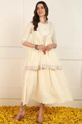 Cream Cotton Solid Empire Ethnic Style Dress With Shrug