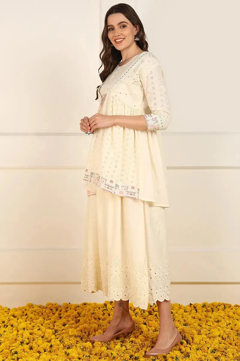 Cream Cotton Solid Empire Ethnic Style Dress With Shrug